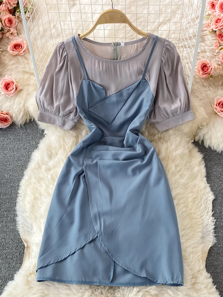 

Fitaylor летнее элегантное женское платье с круглым вырезом и рукавами-фонариками, имитация двух частей, офисное женское облегающее мини-плать...