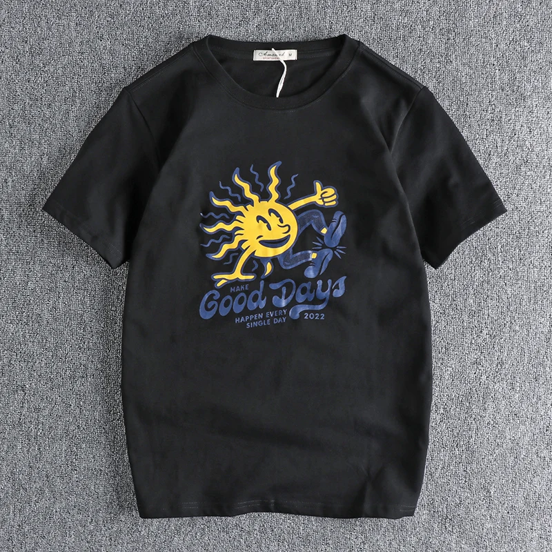 

Funny Cartoon Pattern Short-sleeved T-shirt Men's Washed and Distressed Cotton Comfortable Round Neck All-match Bottoming Shirt