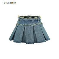 stsvzorr denim short skirt summer new korean version fashionable girl niche pleated raw edge pleated skirt
