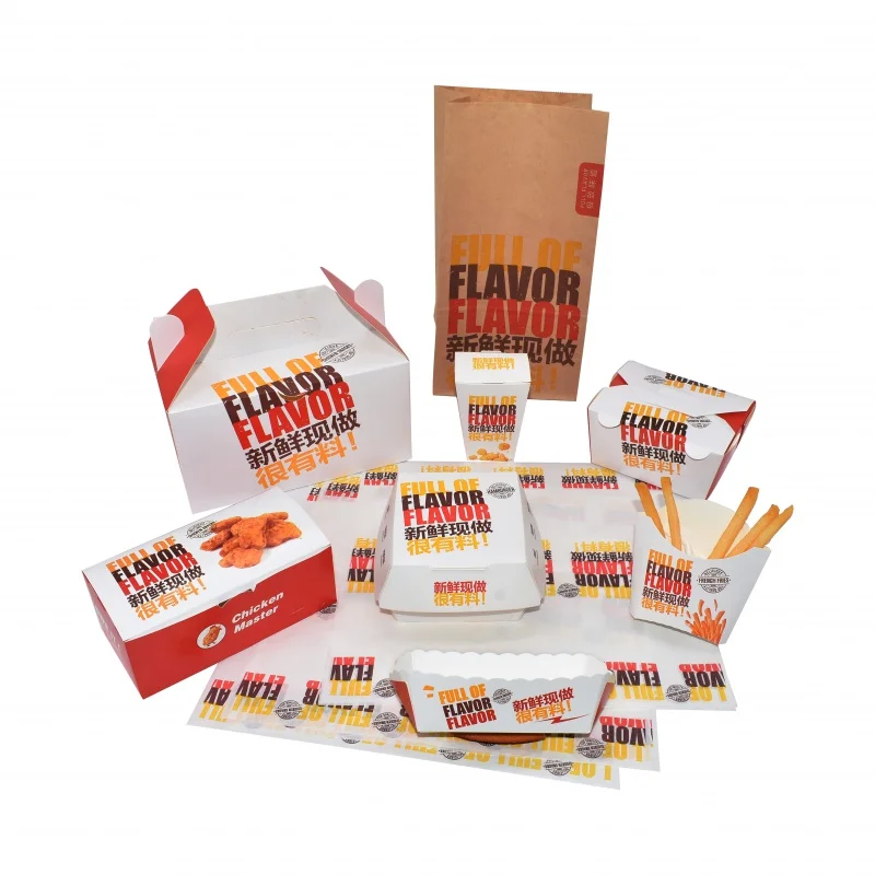 

Custom Disposable Takeway Grade Foldable For Delivery Catering Fries Hot Dog Hamburger Popcorn Chicken Paper Packiging Boxes