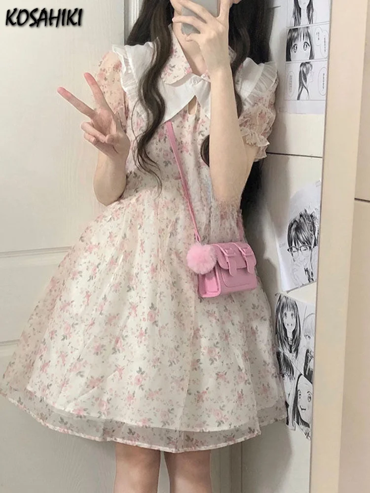 

Элегантное женское платье с принтом в стиле Харадзюку, милые облегающие мини-платья с пышными рукавами, лето 2023, новый дизайн, корейское модное платье