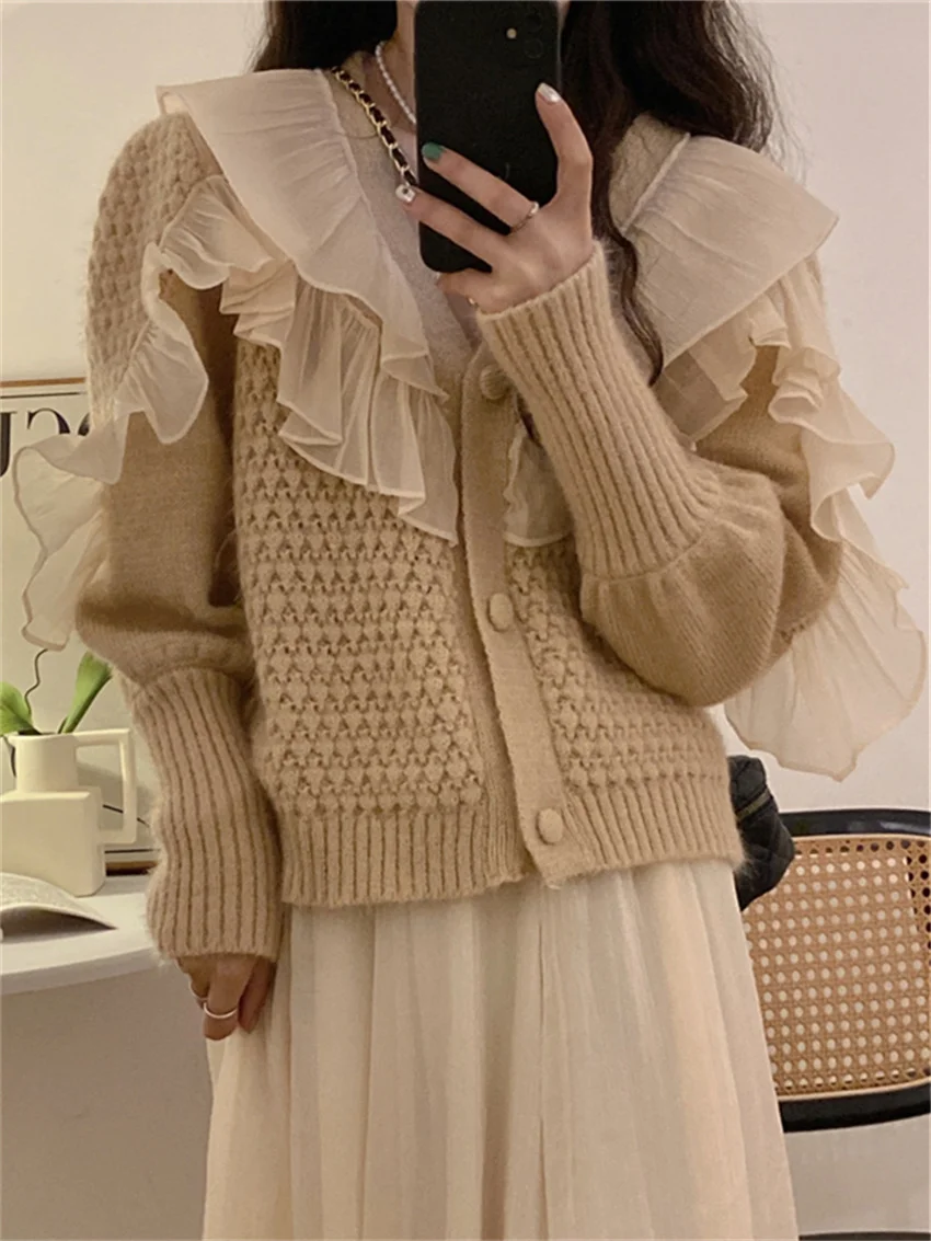 

Alien Kitty Apricot Ruffled Women Coats Sweet Chic Autumn Loose 2022 Slim New Cardigans Office Lady Streetwear Casual Sweaters