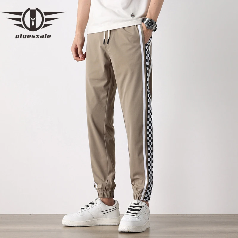 

Rsfocus Thin Cargo Pants Men Ankle Length Streetwear Stylish Checkerboard Pattern Men Casual Pants Trousers Elastic Waist YM002