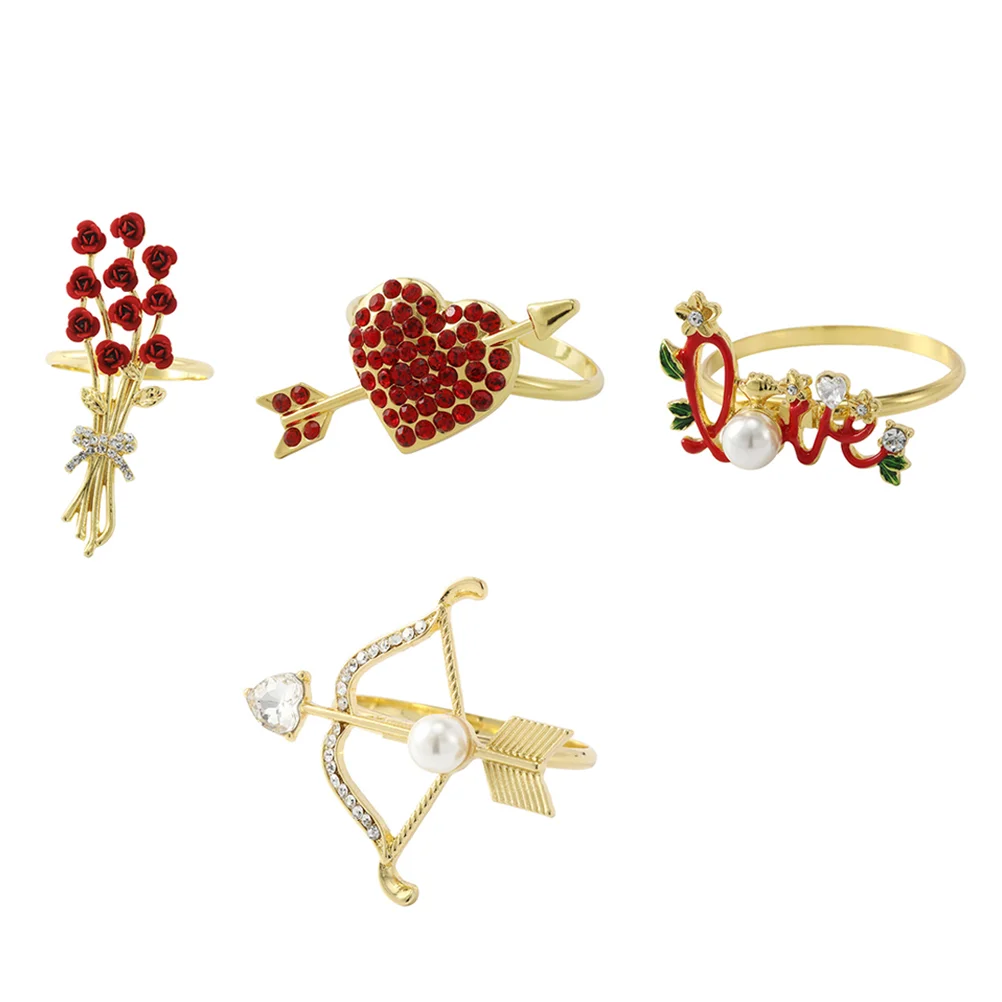 

Napkin Rings Wedding Holiday Vintage Buckle Heart Holder Rhinestone Floral Metal Farmhouse Tiesbands Gold Rose