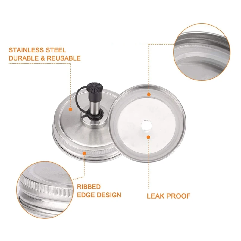 6PCS Stainless Steel 70Mm Regular Mouth Mason Jar Pour Spout Lids With Plastic Caps For Olive Oil Cocktail Dispenser