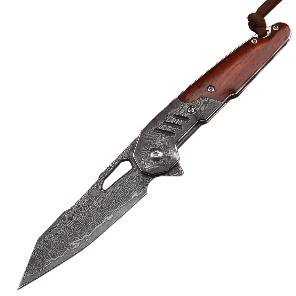 Pocket VG10 Damascus Steel Wooden Handle Outdoor Tactical Hunting Camping Survival EDC Tool Fruit Knife