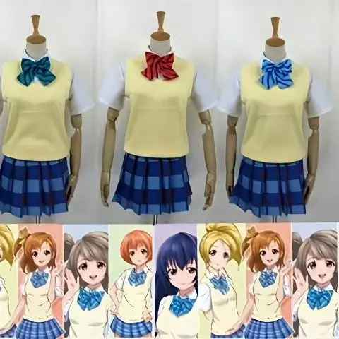 Фото Полный комплект школьной формы LoveLive для косплея в стиле аниме, жилет и парик для всех персонажей, наряд для вечеринки на Хэллоуин №1