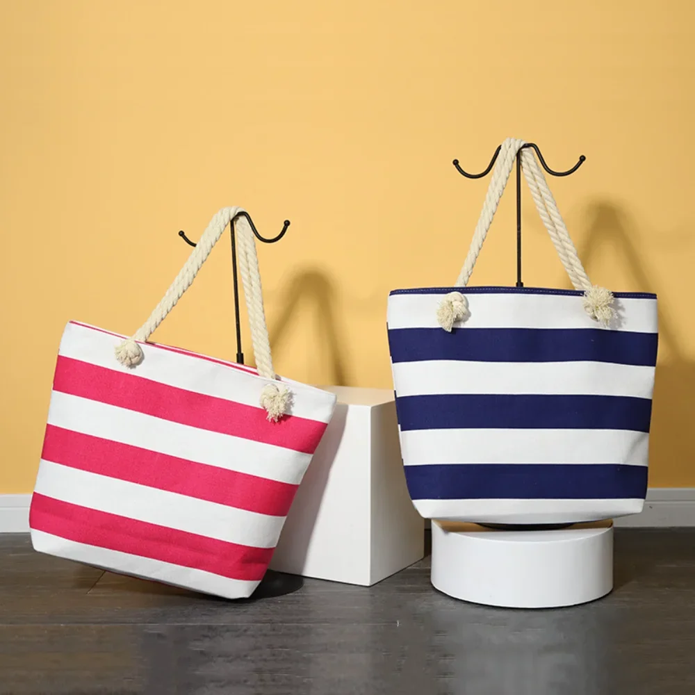 

Striped Canvas Tote Bags Women Luxury Designer Simple Versatile Handbag Ladies Large Capacity Summer Beach Vacation Shoulder Bag
