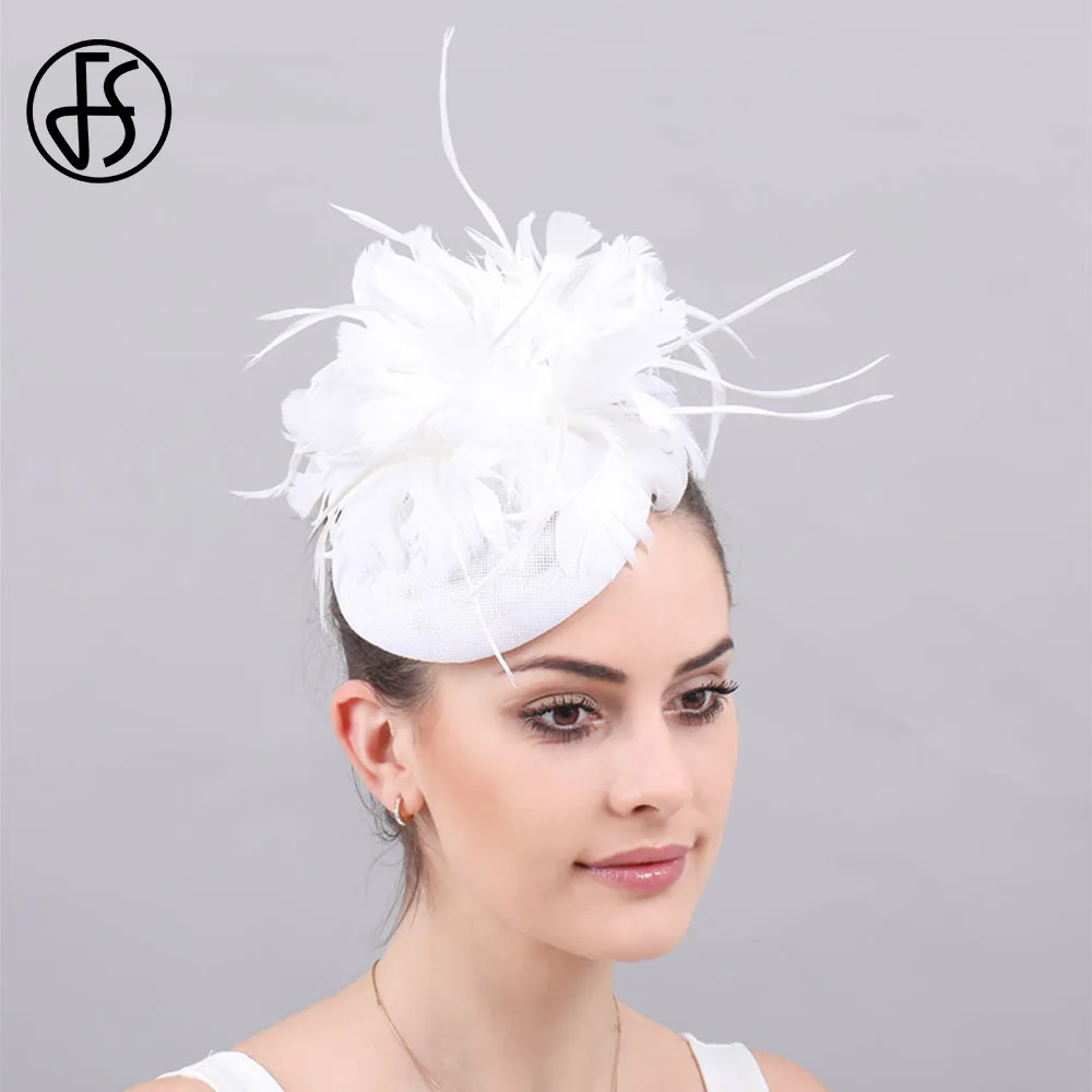 

FS Women Hats Flax White Fascinator Hat For Wedding Cocktail Elegant Female British Lady Church Feather Hats Derby Fedora