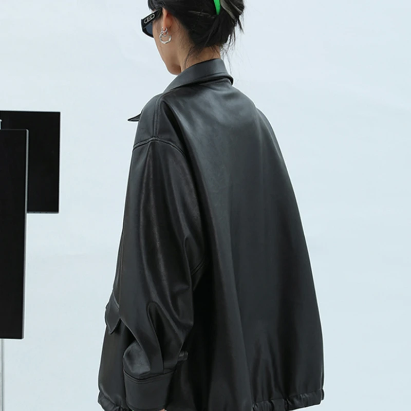 Spring Autumn Oversized Casual Waterproof Black Soft Pu Leather Jacket Women with Drop Shoulder Long Sleeve Fashion 2023