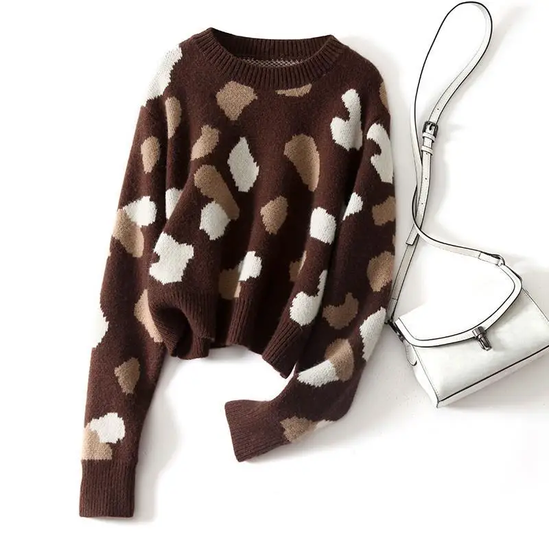 

Japanese Retro Color Jacquard Thick Round Neck Sweater Loose Short Printed Sweater Coat Women's New Style Autumn and Winter