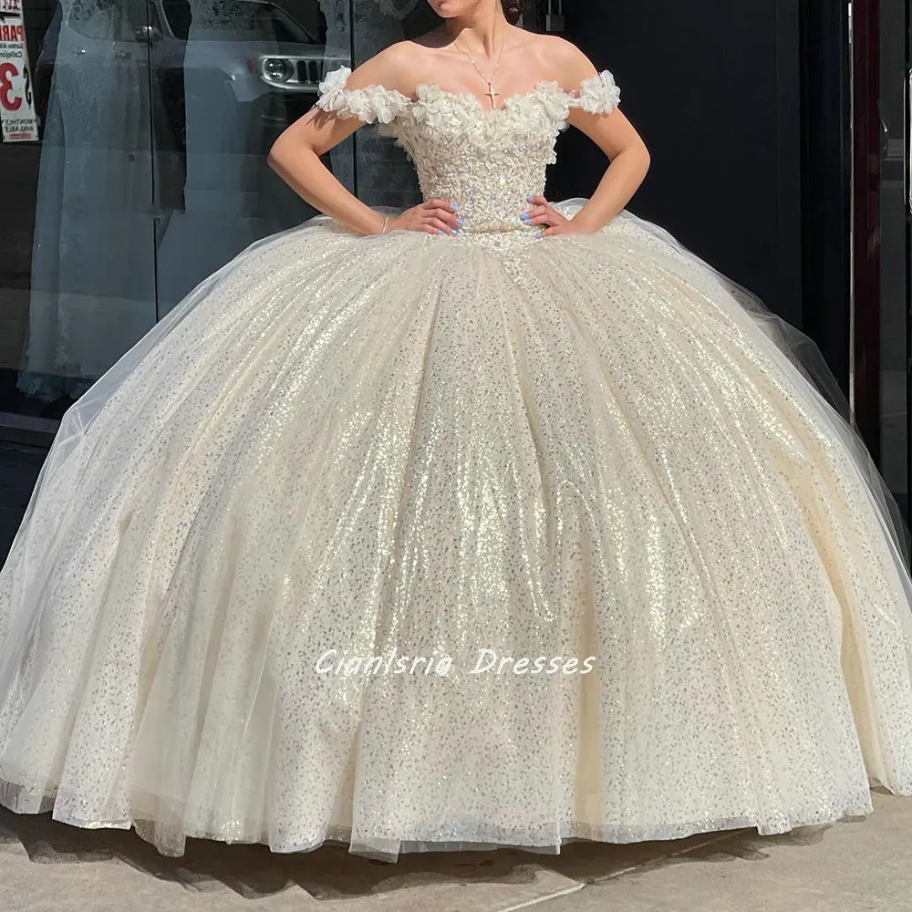 

Champagne Handmade Flowers Crystal Quinceanera Dress Ball Gown Off The Shoulder Appliques Lace Pageant Birthday Party Sweet 15