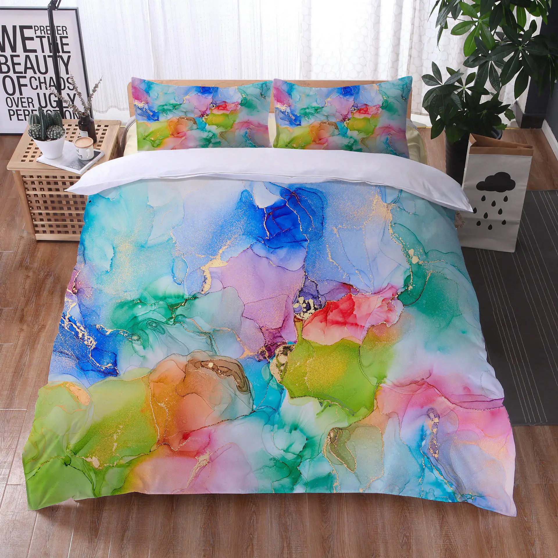 

Colorful Marble Bedding Set Pastel Pink Blue Purple Duvet Cover Set King/Queen Size,Marble Abstract Art Polyester Quilt Cover