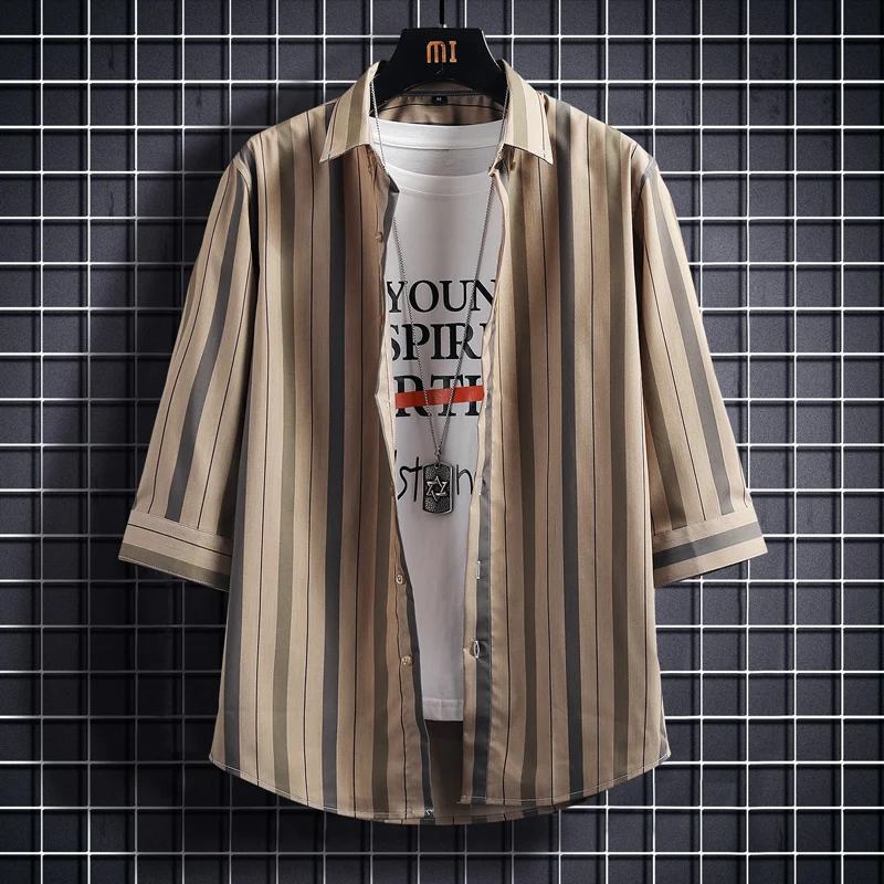 

New Men's Casual Short Sleeve Blouse Shirt Loose Tops Refreshing Tee Spring Summer Stripes Handsome Men Shirts High Quality