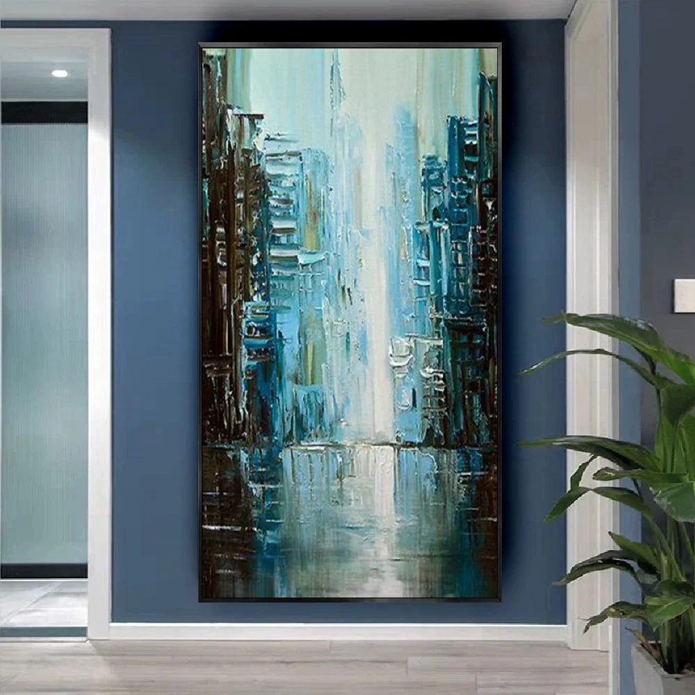 

Синий фон для рисования в виде городского контура, Настенная картина, полная художественного воображения, большой пейзаж, масляная живопис...