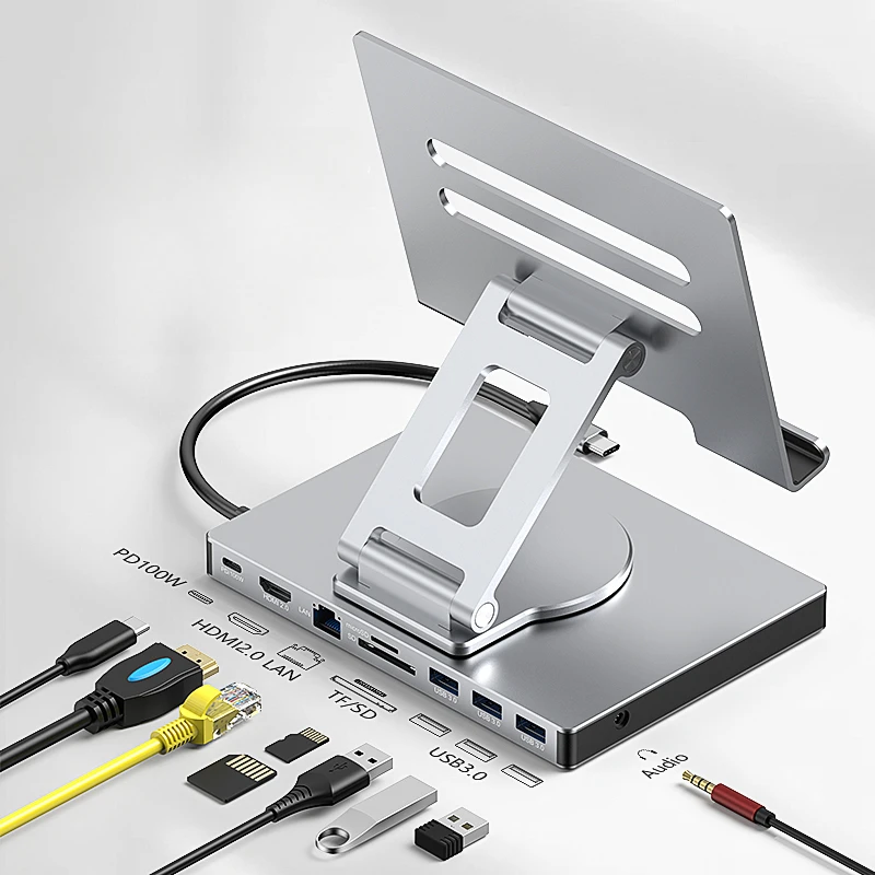 Фото Подставка-концентратор 9 в 1 для iPad Pro USB C для M4/M2/Air 13/12,9/11 дюймов, 4K HDMI, Ethernet, SD/TF-считыватель, 3xUSB 3.0, складная док-станция №1