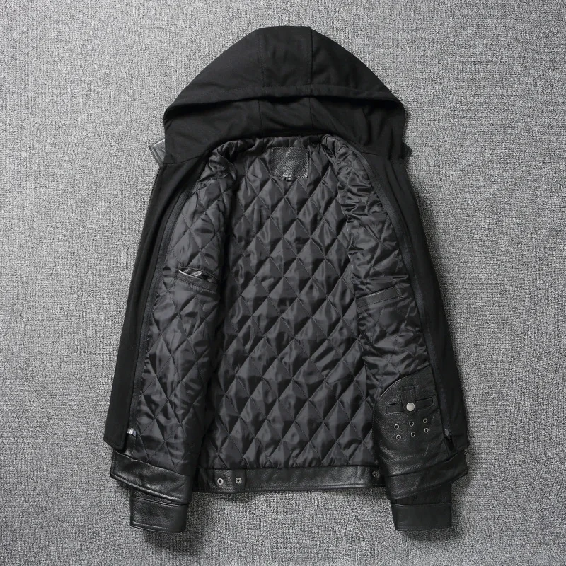 Куртка мужская съемная с капюшоном приталенная Байкерская одежда из натуральной