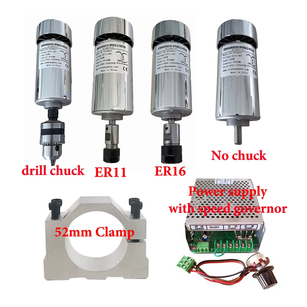 

300W DC CNC Router Machine Spindle ER11 ER16 Drill Chuck 52MM Clamp Stepper Motor Driver 0.3KW Power Supply with Speed Governor