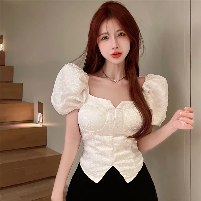 

Jacquard Puff Sleeves Square Collar Sort Top Designer Shirt Women Summer Off Shoulder Fashion Sexy Streetwear White Black Blouse