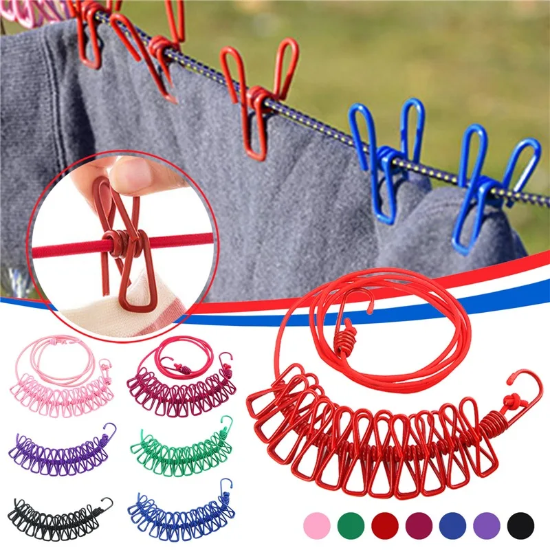

180cm Elastic Outdoor Clothesline Pants Laundry Drying Hanger Rope with 12 Clips Travel Camping Drying Clothes Hanger Rack Line