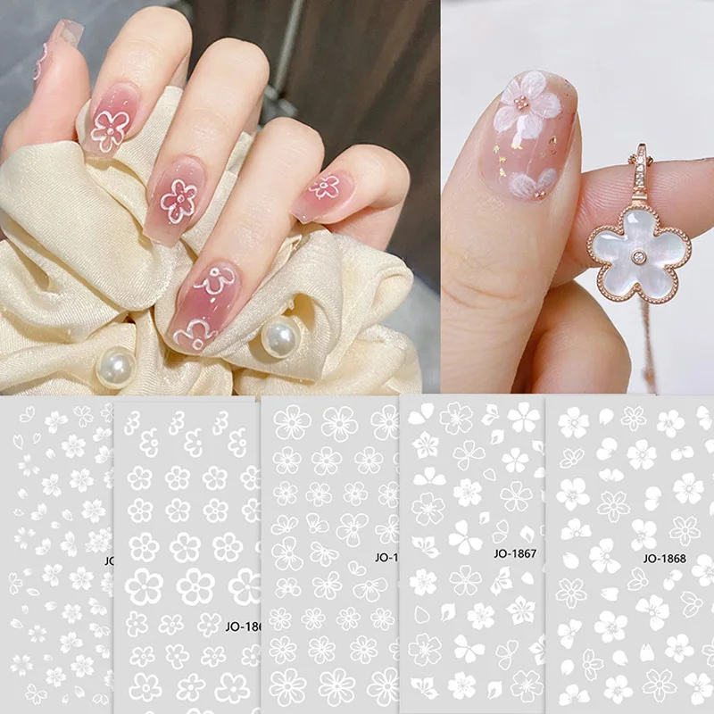 

5D Nail Stickers Flowers Heart 3D Embossed White Florals Petals Flowers Back Glue Nail Stickers Decoration For Nail Tips Beauty