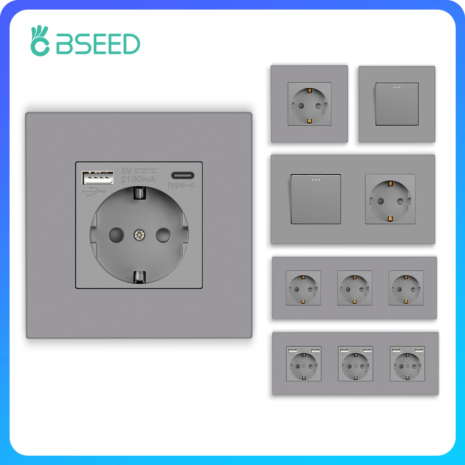 

BSEED Single EU Wall Socket Double Electric Sockets With USB Type-c Ports Triple Power Outlets Plastic Frame 16A