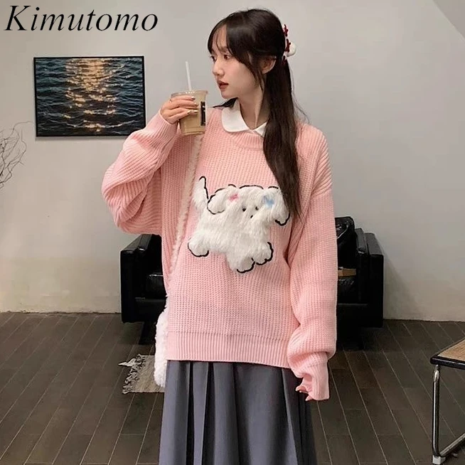 Kimutomo мультфильм Kawaii большой свитер женский с круглым вырезом контрастный милый