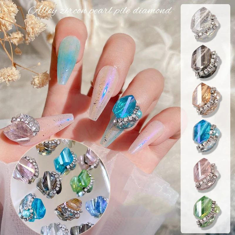 

5pcs Zircon Crystal Nail Art Rhinestones 3D Glass Strass Diamonds with Pearls Nail Jewelry Ornaments Shiny Manicure Decorations