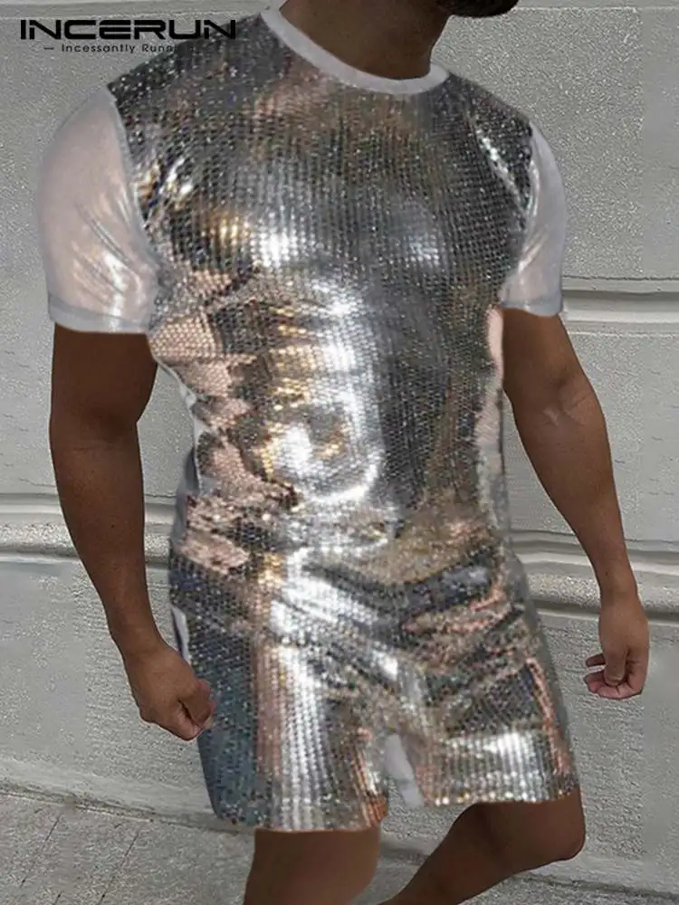 

Fashion Men Sets Patchwork Streetwear O-neck Short Sleeve T Shirt & Shorts Two Pieces 2022 Shiny Men Casual Suits S-5XL INCERUN