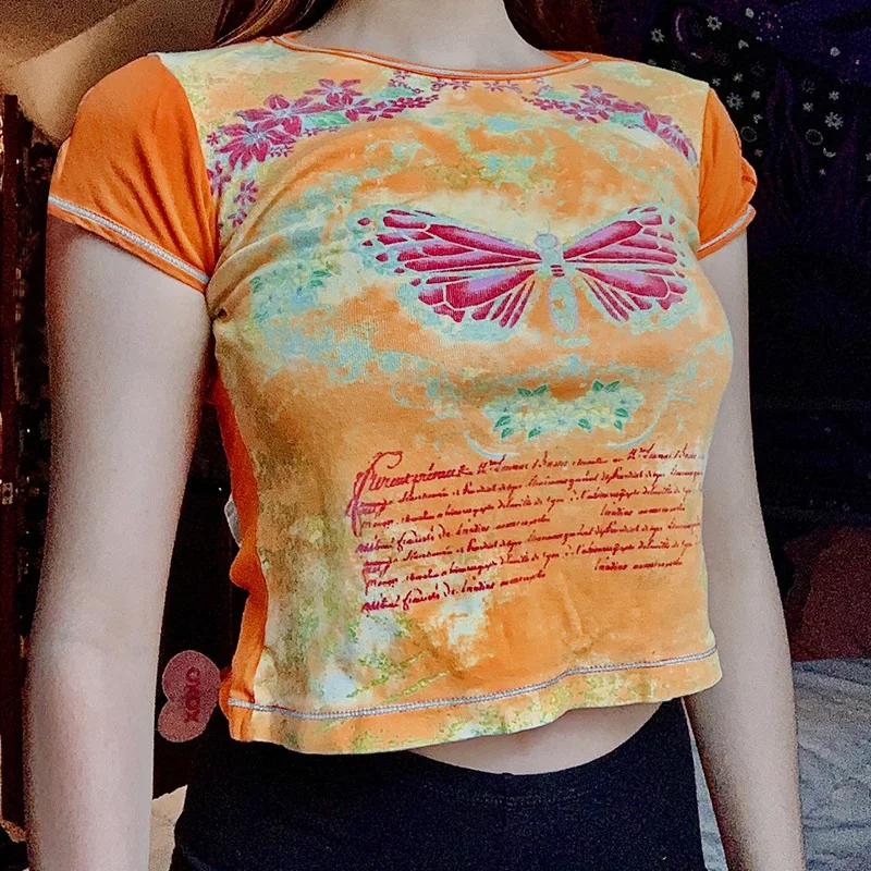 

Summer High Waist Exposed Navel Short Embroidered Butterfly Short Sleeve T-Shirt Slim And Sexy Women Sexy Tops