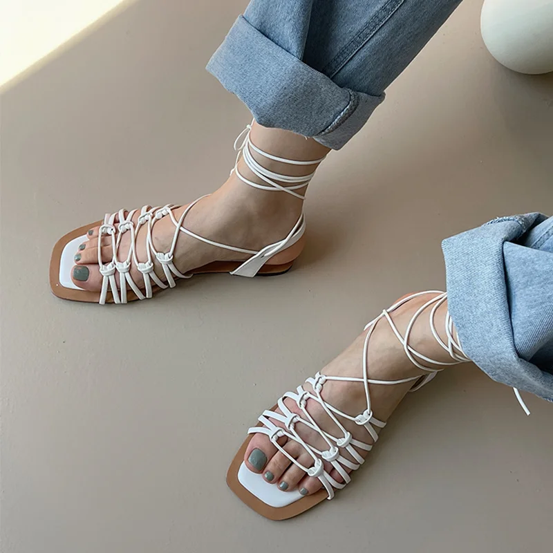 

2022 Summer Roman Vacation Bandage Around Feet Open Toe Flat Bottom Bohemian Beach Sandals Women