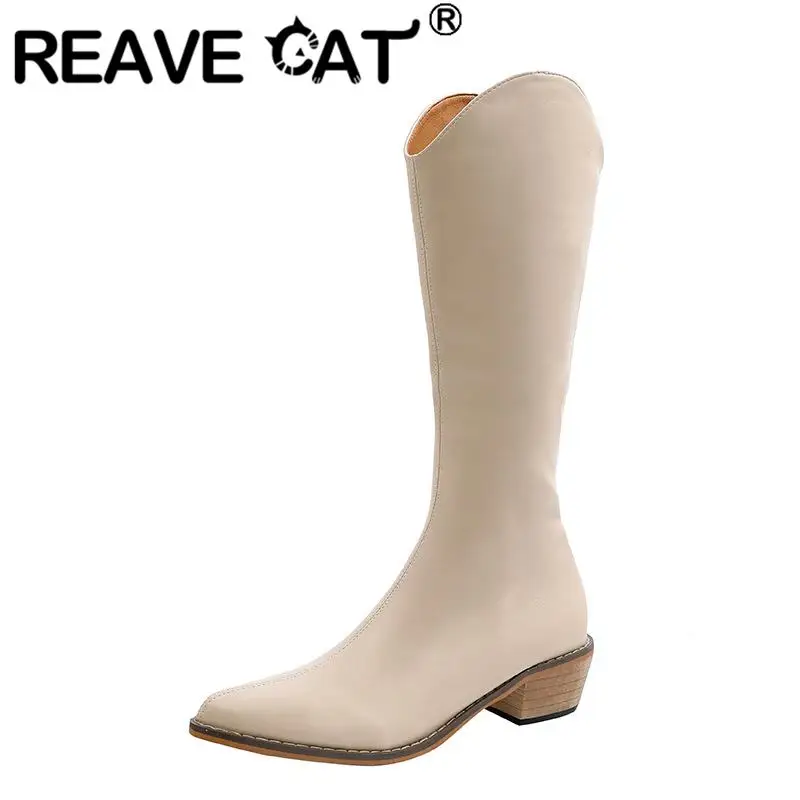 

Женские сапоги до колена с острым носком REAVE CAT, повседневные однотонные сапоги в западном стиле на массивном каблуке, теплые меховые сапоги ...