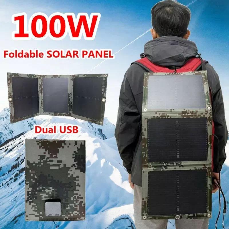 

2023New 100W/80W Foldable Dual USB Solar Panel Outdoor Folding Waterproof Solar Panel Charger Mobile Power Battery Charger+ 3 in