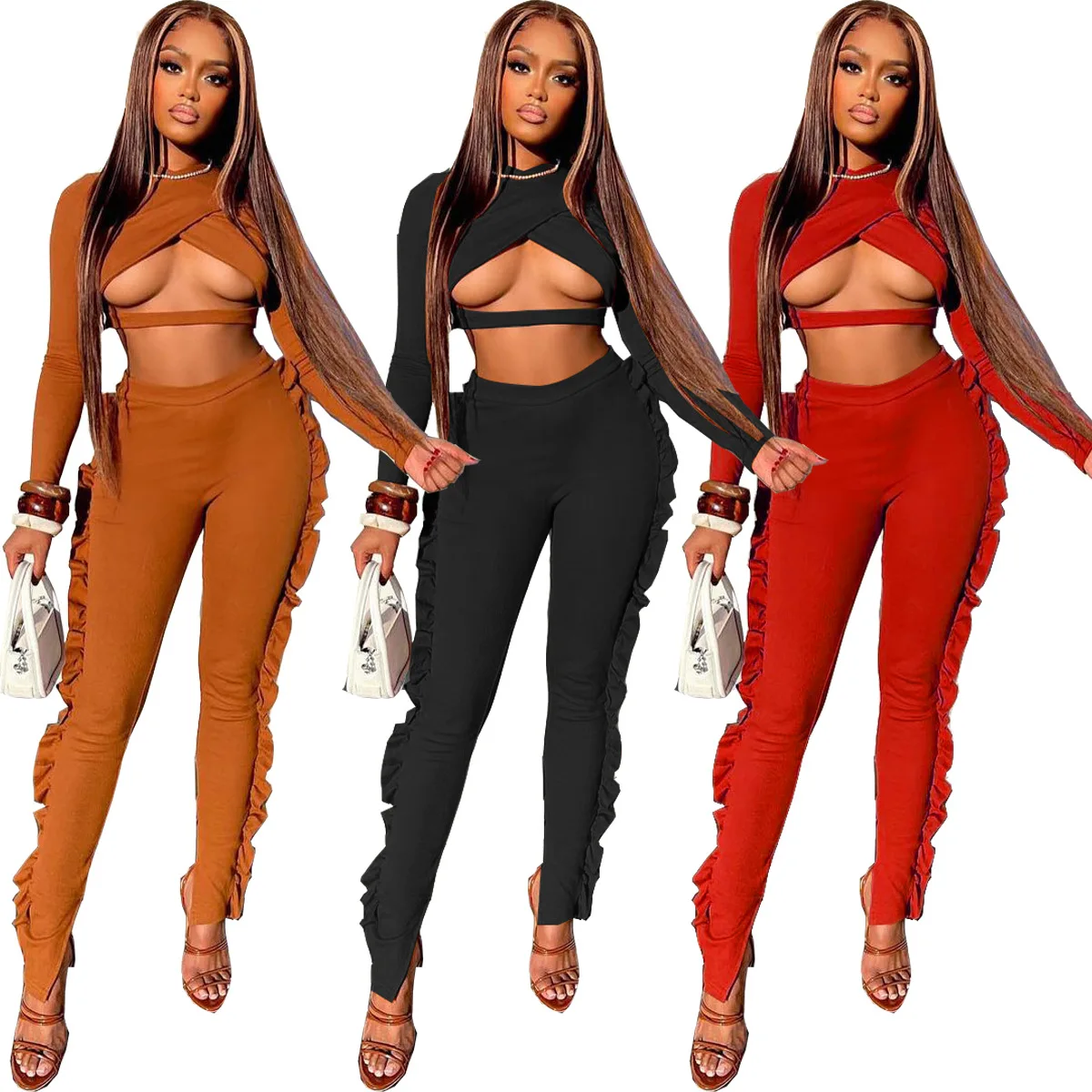 

21AN5234 Spring 2022 Womens Fashion New Sexy Hollow Cross Top Casual Pants with Wooden Ears Two Piece Sets Womens Outifits