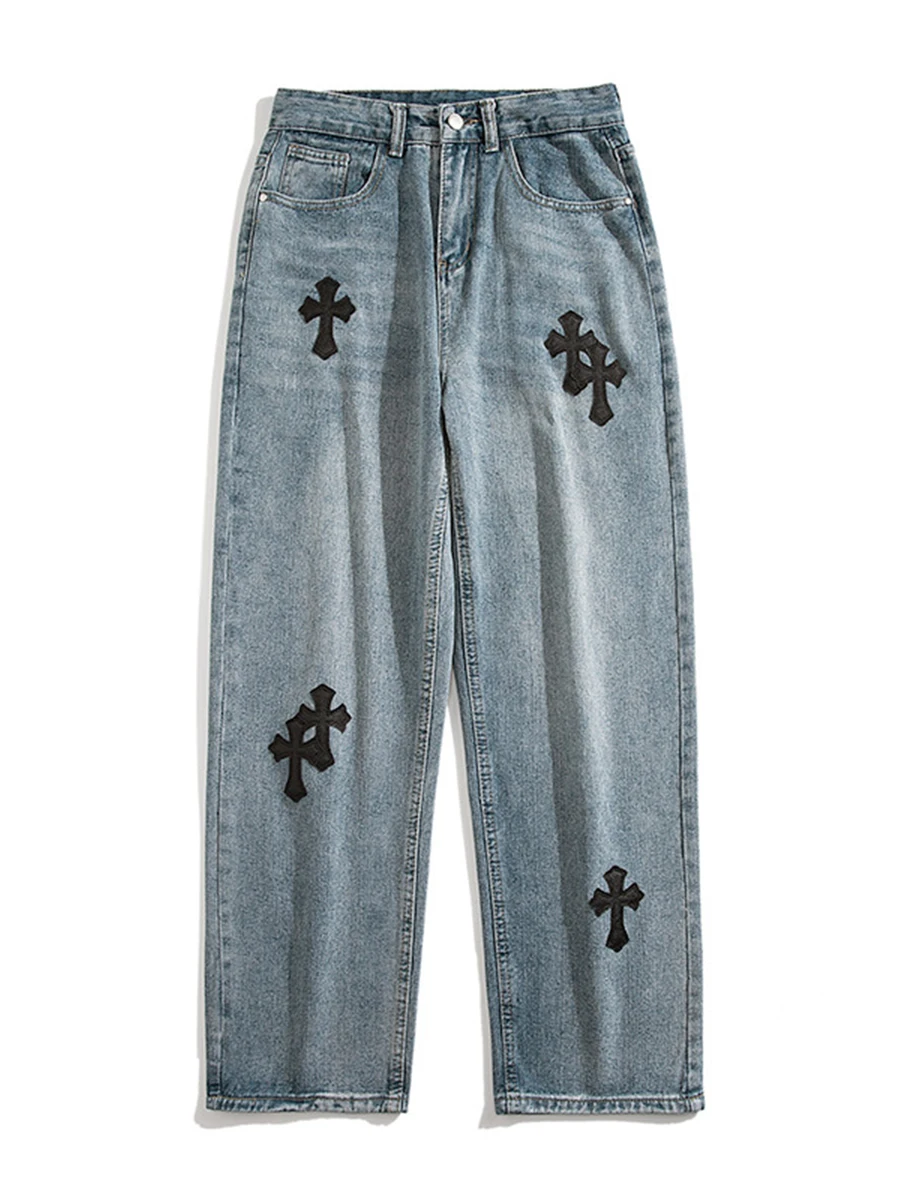 Four Seasons Men Jeans Trend Hip Hop Cross High Street Embroidery Retro Wide Leg Pants Streetwear Y2K Men Jeans ins Hot Menswear
