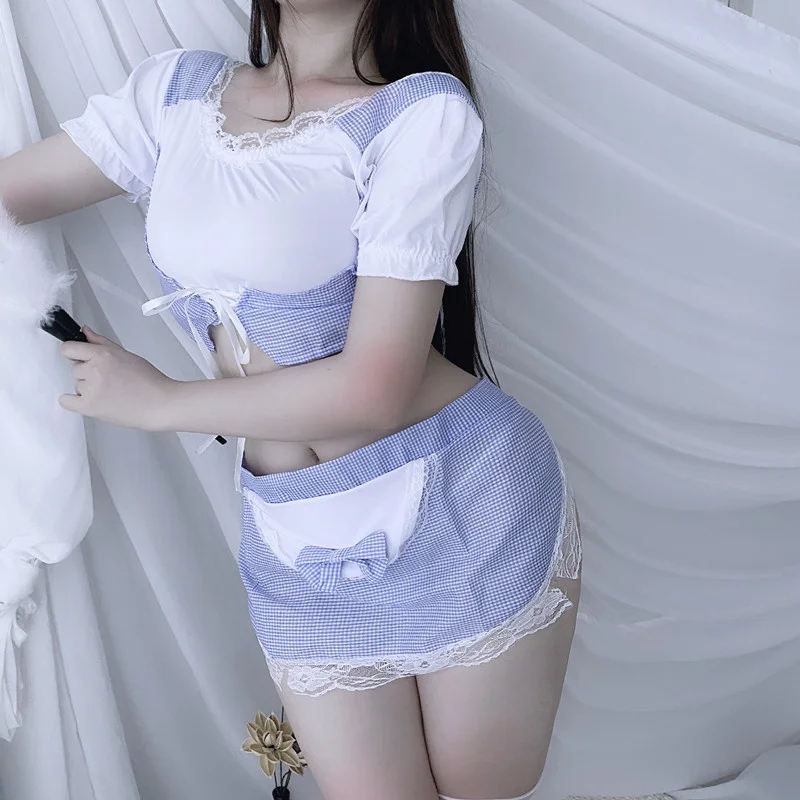 

Sexy Lingerie Sweet Maid Cute Student Uniform Teasing Cook Uniform Temptation Blue Apron Hollow