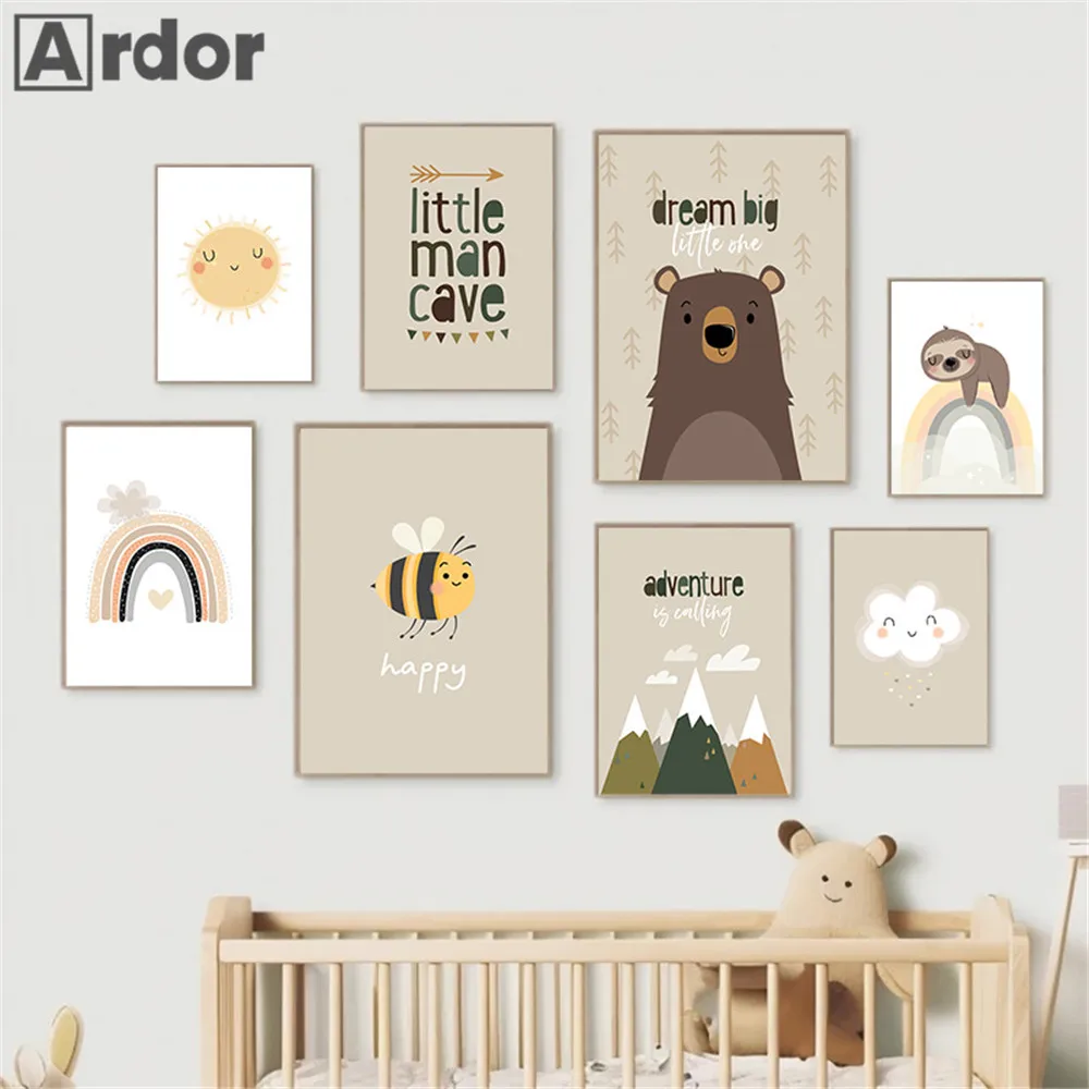 

Cartoon Bear Bee Posters Nursery Art Print Sun Cloud Rainbow Canvas Painting Quotes Poster Nordic Wall Pictures Kids Room Decor