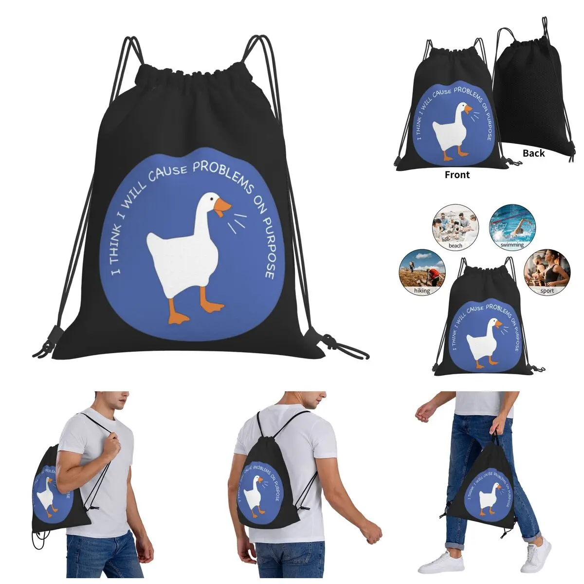 

Backpack Humor Drawstring Bags Gym Bag Cause Problems On Purpose Funny Graphic Rucksack