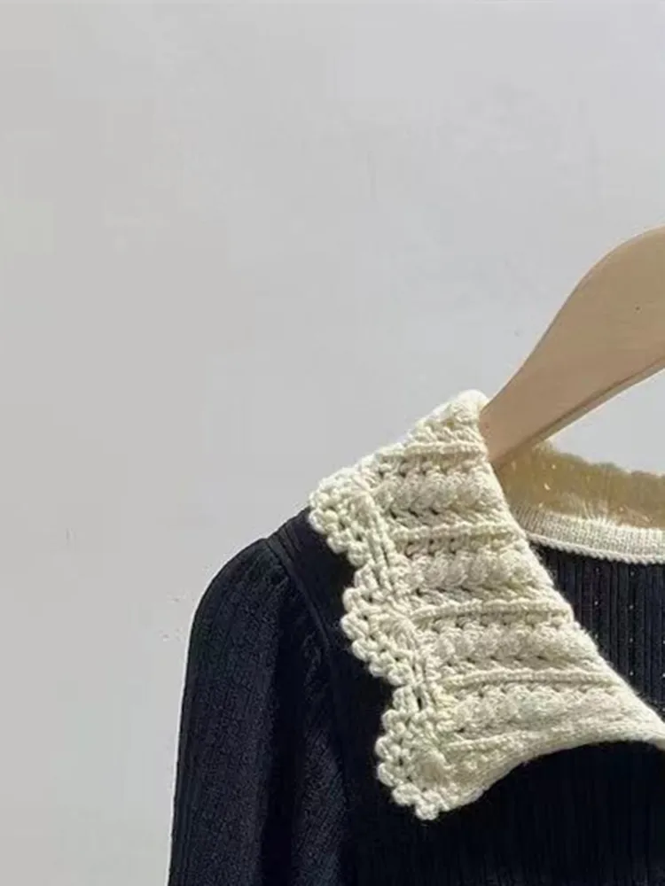 Women Single Breasted Puff Sleeve Knitted Mini Dress 2022 New Female Turn-Down Collar Elegant A-Line Short Robe