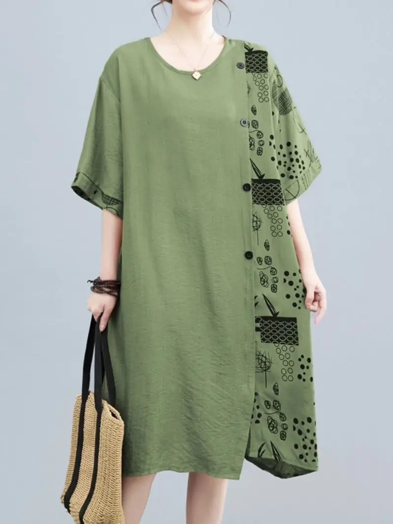 

Женская одежда в этническом стиле, Новинка лета 2023, платье, модный универсальный пуловер с принтом в стиле пэчворк, платье-трапеция до колена с О-образным вырезом