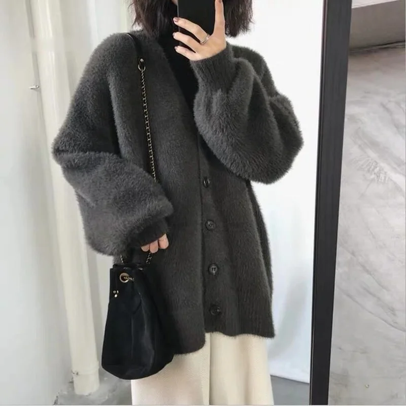 

New Female Jackets Women Imitation Mink Cashmere Loose V-neck Coats Lady Casual Solid Color Lazy Style Autumn Winter Overcoat
