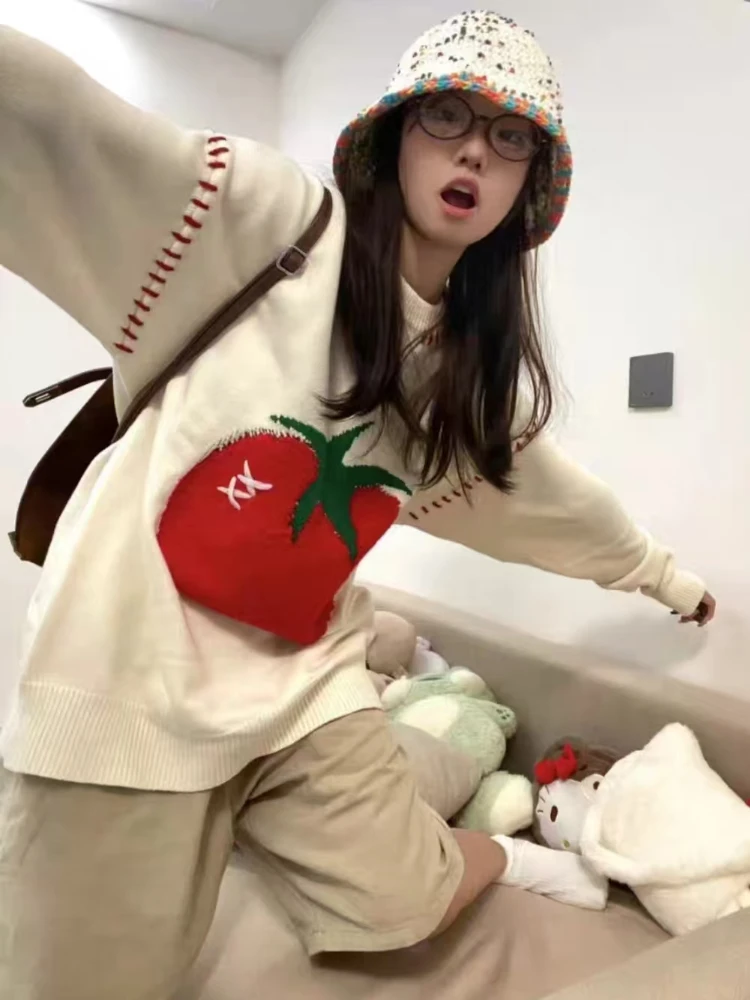 Свитера женские с длинным рукавом круглым вырезом рисунком помидоров милые