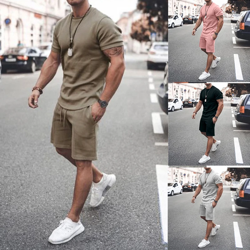 

New Summer Men's Tracksuit T-Shirt and Shorts Tracksuit Clothes 2 Piece Men's Solid Color Short Sleeves 2022