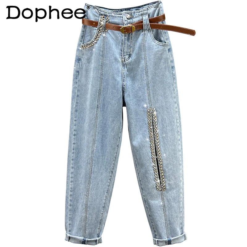 Hot Diamond Harem Jeans Women's 2022 New Summer Sexy Hollow Out High Waist Loose Slimming Denim Trousers Female Blue Baggy Pants images - 6