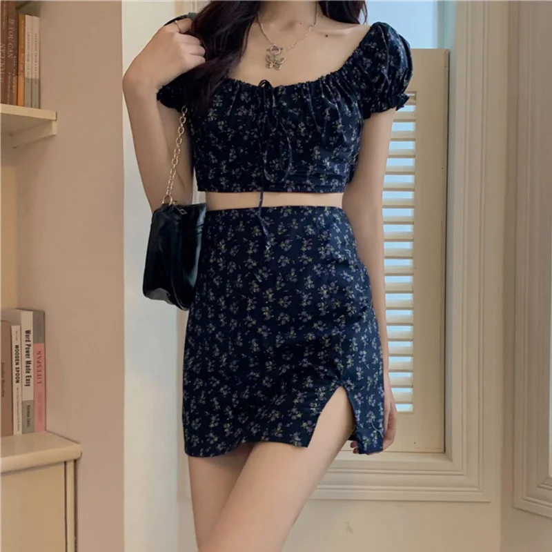 Dresses For Women 2022 New Floral Mini Skirts Kpop Shorts Sets Exposed Navel Two Piece Set Split Skirt Puff Sleeve 2 Piece Sets enlarge