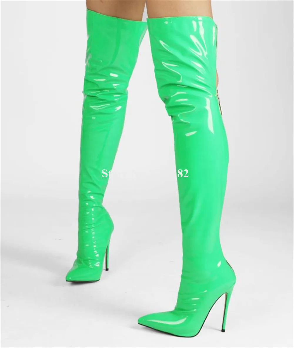 Сапоги выше колена из блестящей лакированной кожи на тонком каблуке Сексуальные