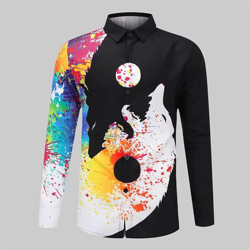 

Wolf Graphic Shirt Men Color Totem Lapel Designer Design Fashionable Casual Outdoor Street Long Sleeve Soft Comfortable 2023
