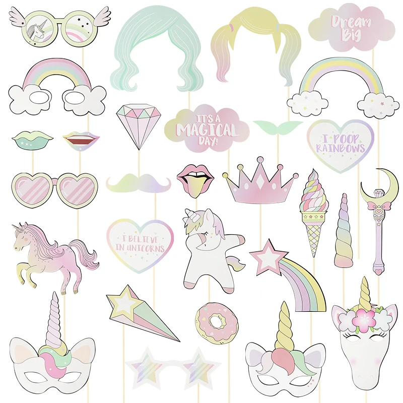 

29 Pcs/set Unicorn Theme Handheld Photo Booth Props Birthday Party Unicorn Crown Glasses Love Supplies Kid Paper Decoration Toys