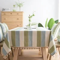 thicken cotton linen tablecloth green stitching stripe rectangular dining table cloth tassel hem home kitchen decor table cover