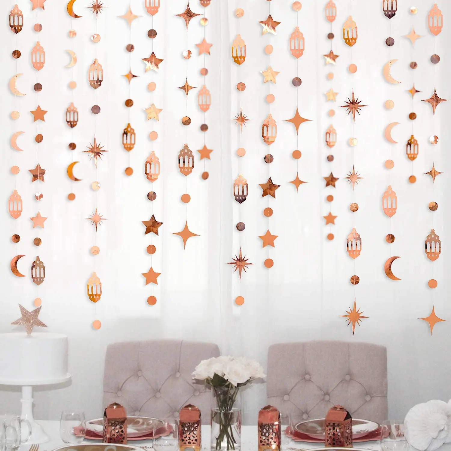

13Ft Rose Gold EID Mubarak Ramadan Wedding Decorations Hanging Star Moon Circle Dot Lamp Garlands Backdrop Birthday Decorations